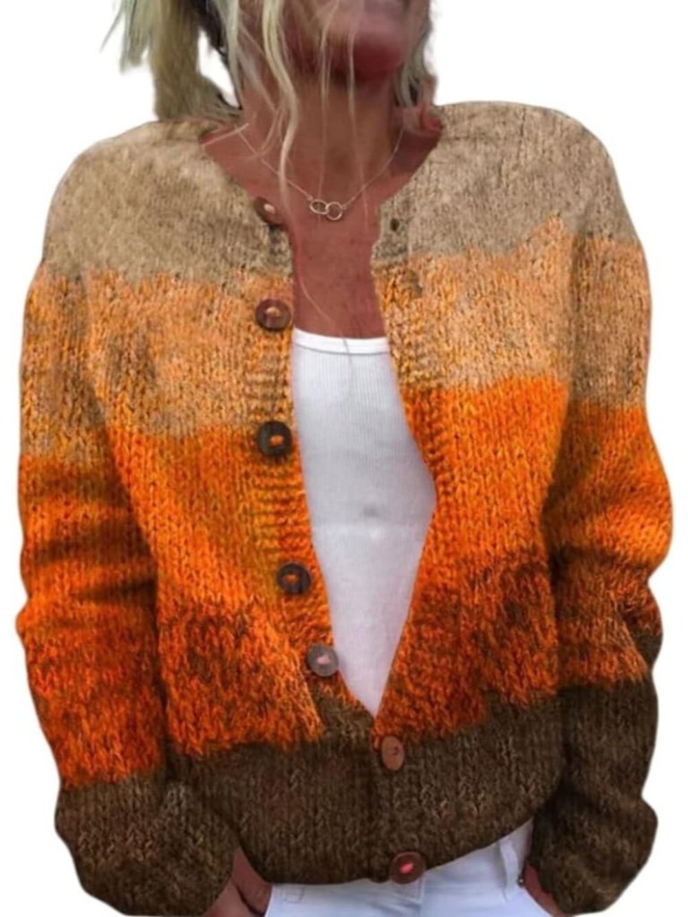 Women’s Orange Brown Ombre Stripe Chunky Knit Button Cardigan Sweater